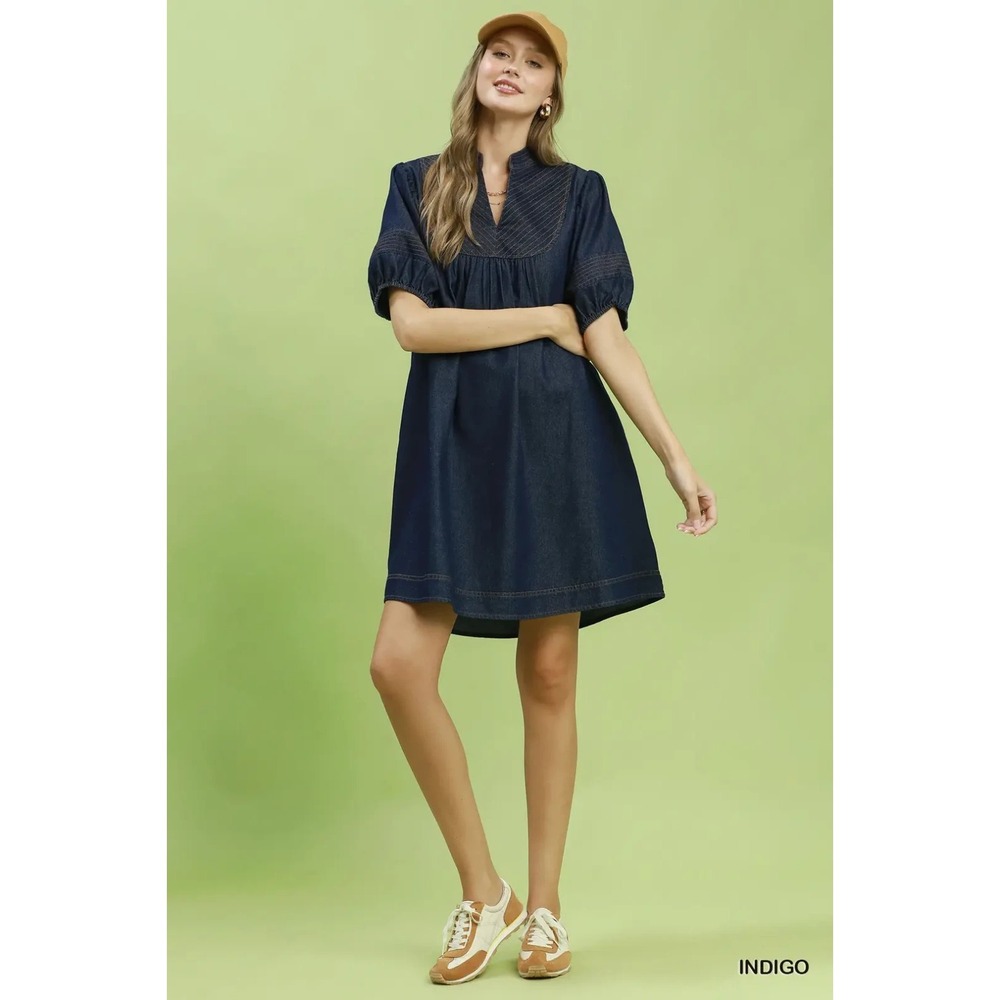 Umgee Notched Puff Sleeve Mini Dress with Pockets - Small - Picture 5 of 5
